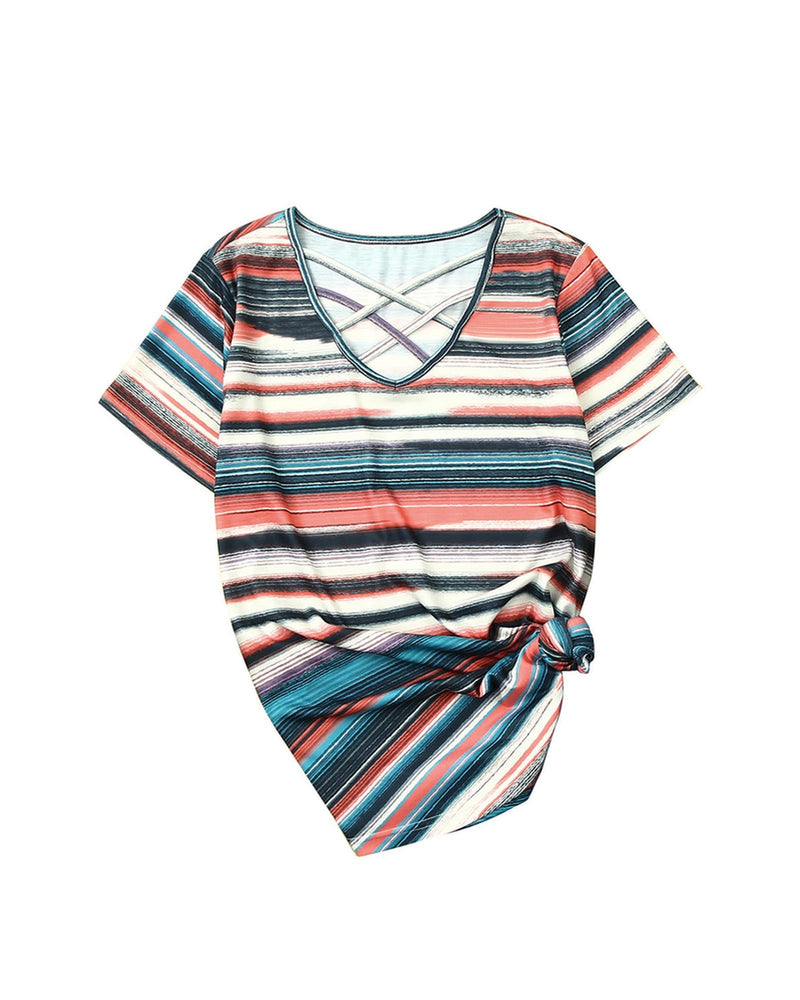 Azura Exchange Striped Crisscross Neck Short Sleeve Top - L - NuSea