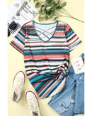 Azura Exchange Striped Crisscross Neck Short Sleeve Top - L - NuSea