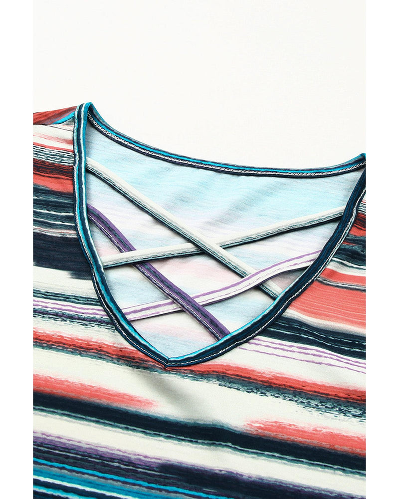 Azura Exchange Striped Crisscross Neck Short Sleeve Top - M - NuSea