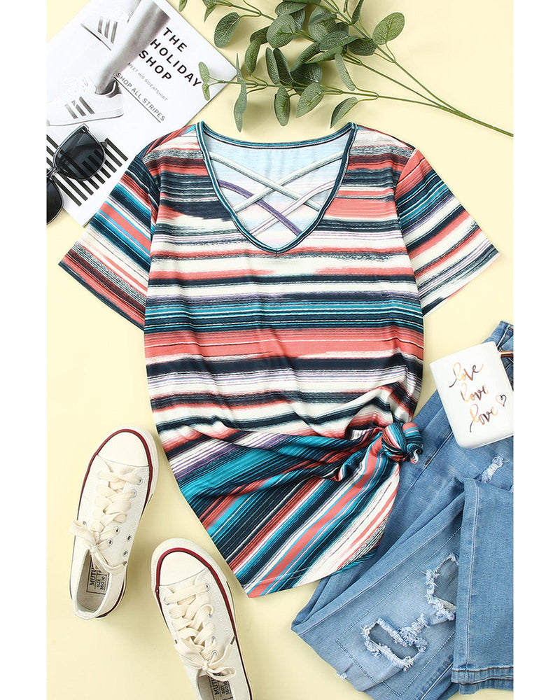 Azura Exchange Striped Crisscross Neck Short Sleeve Top - S - NuSea