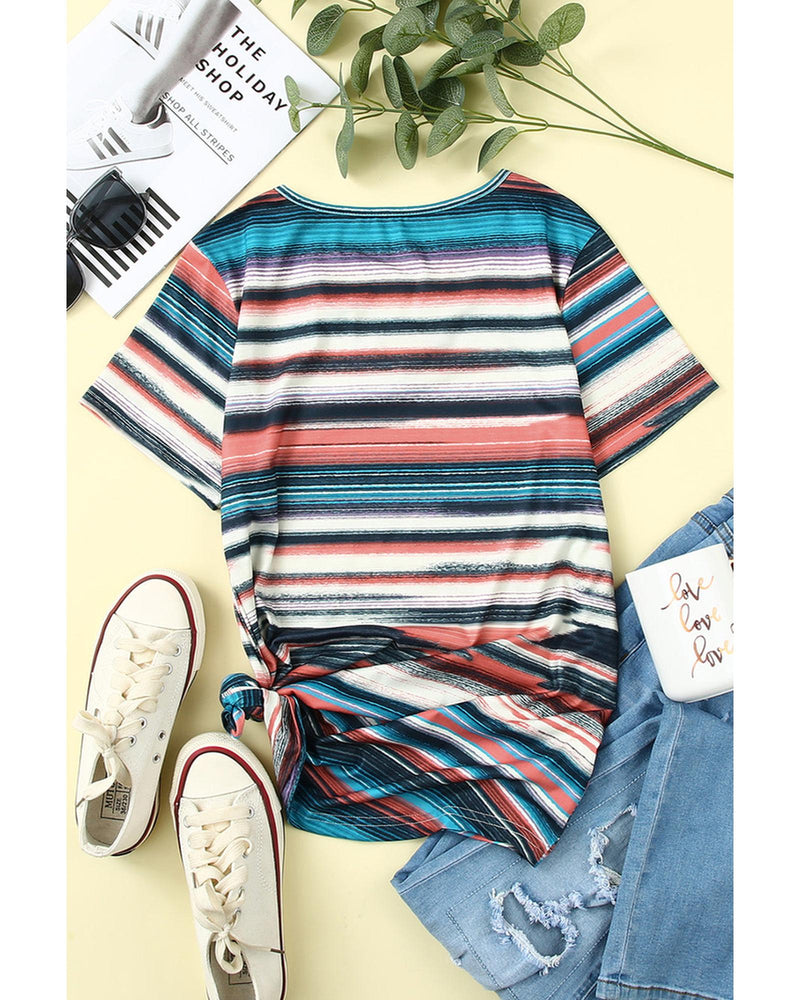 Azura Exchange Striped Crisscross Neck Short Sleeve Top - S - NuSea
