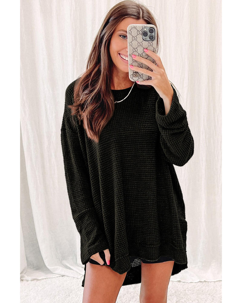 Azura Exchange Waffle Knit Oversized Black Top - L - NuSea