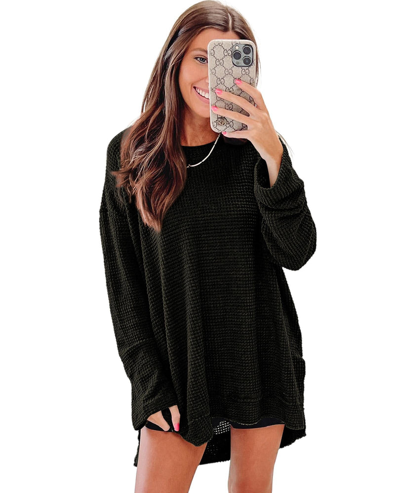 Azura Exchange Waffle Knit Oversized Black Top - S - NuSea