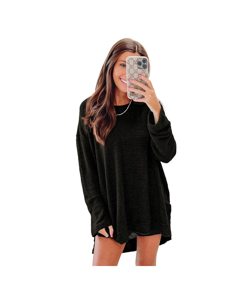 Azura Exchange Waffle Knit Oversized Black Top - S - NuSea