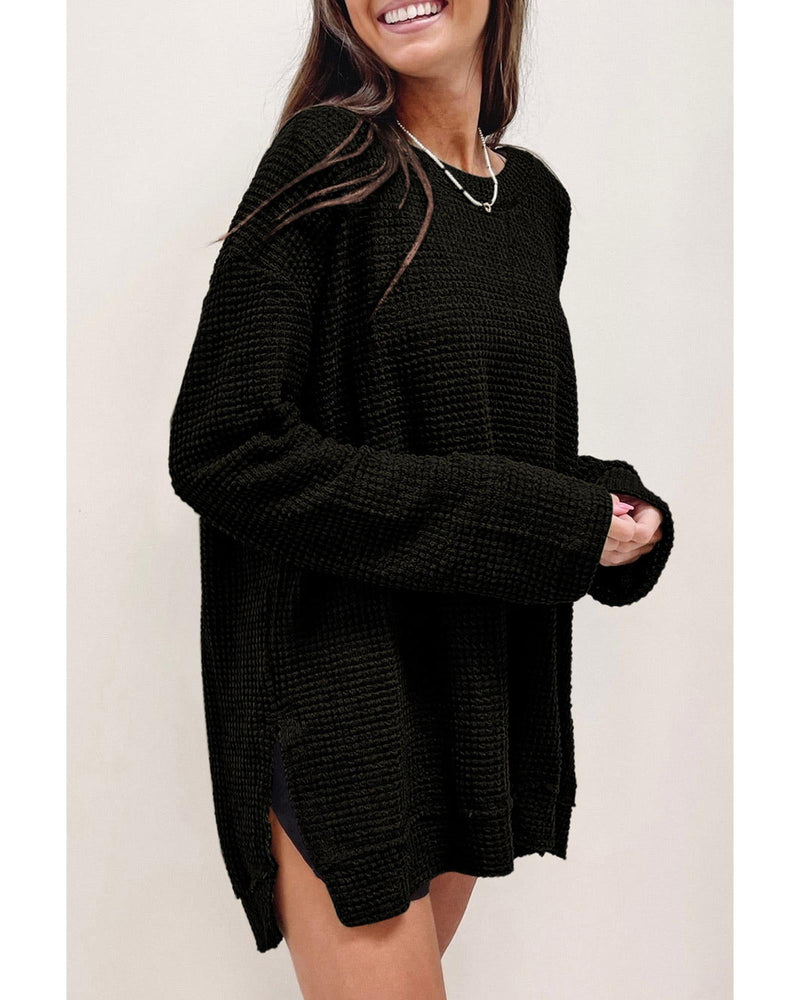 Azura Exchange Waffle Knit Oversized Black Top - S - NuSea