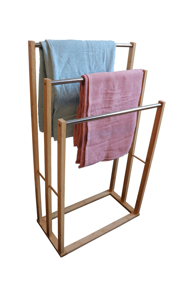 Bamboo Towel Bar Metal Holder Rack 3 - Tier Freestanding for Bathroom and Bedroom - NuSea
