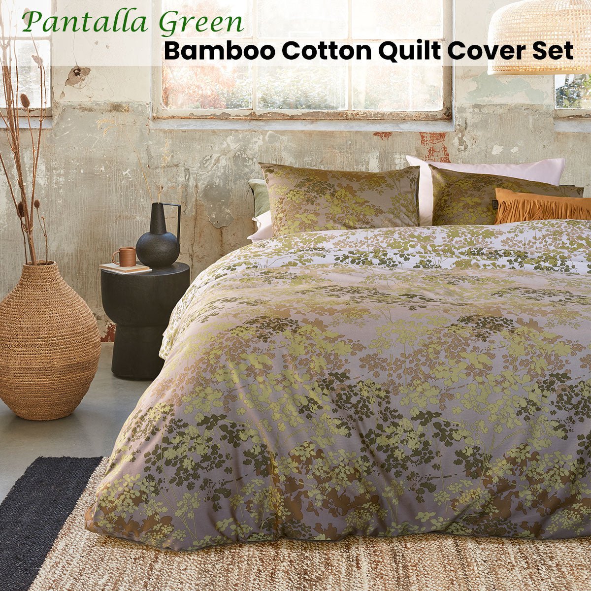 Bedding House Pantalla Green Bamboo Cotton Quilt Cover Set King - NuSea