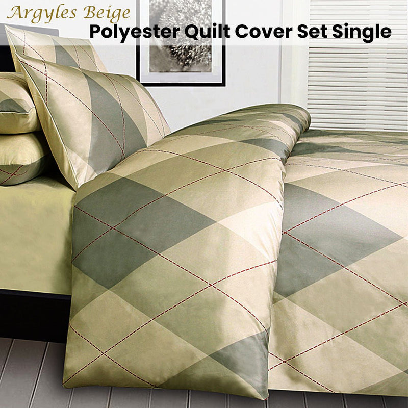 Big Sleep Argyles Beige Quilt Cover Set Single - NuSea