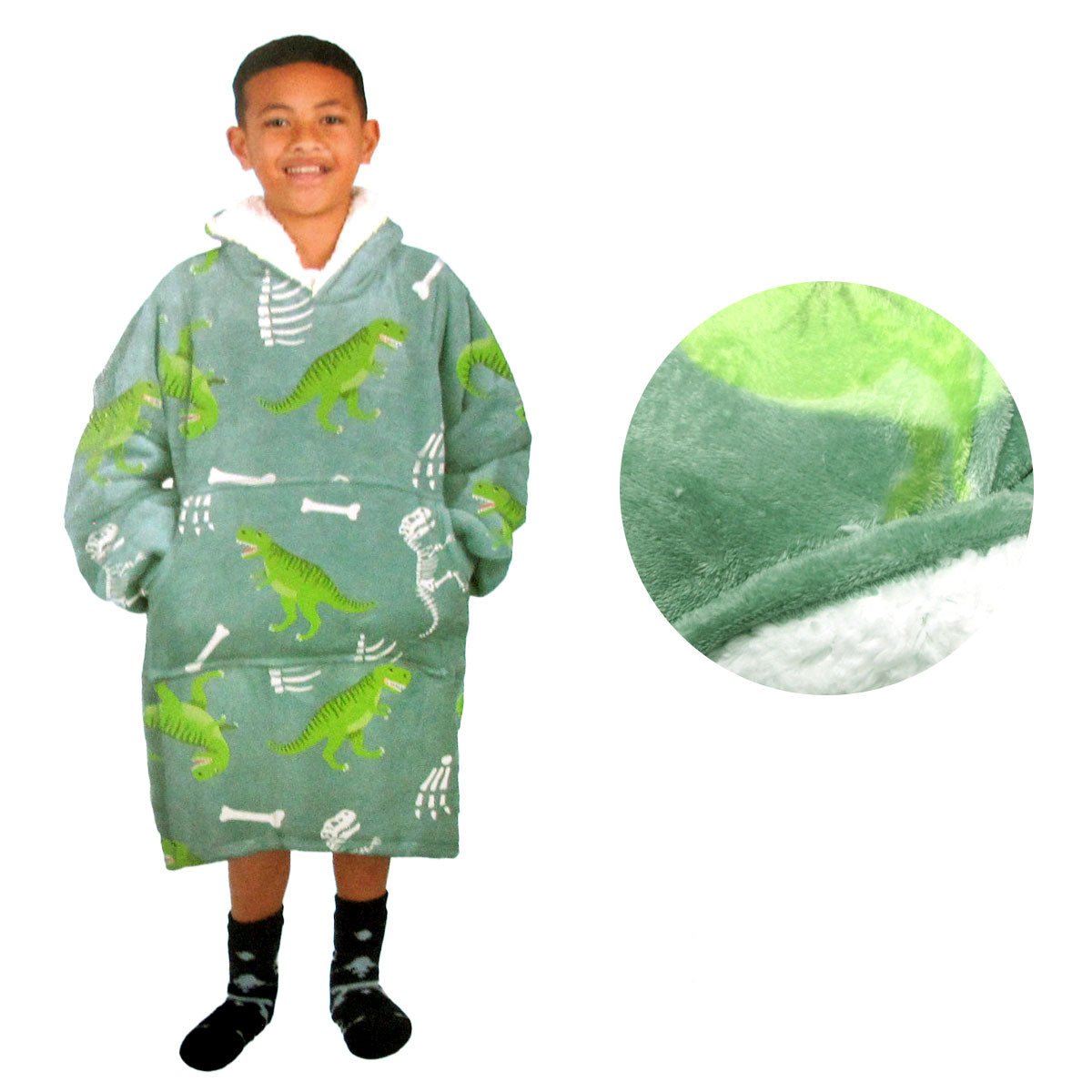 Blanket Hoodie with Sherpa Reverse Green Dinosaur - NuSea