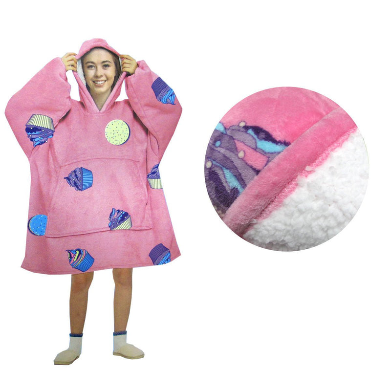 Blanket Hoodie with Sherpa Reverse Pink Cupcakes - NuSea