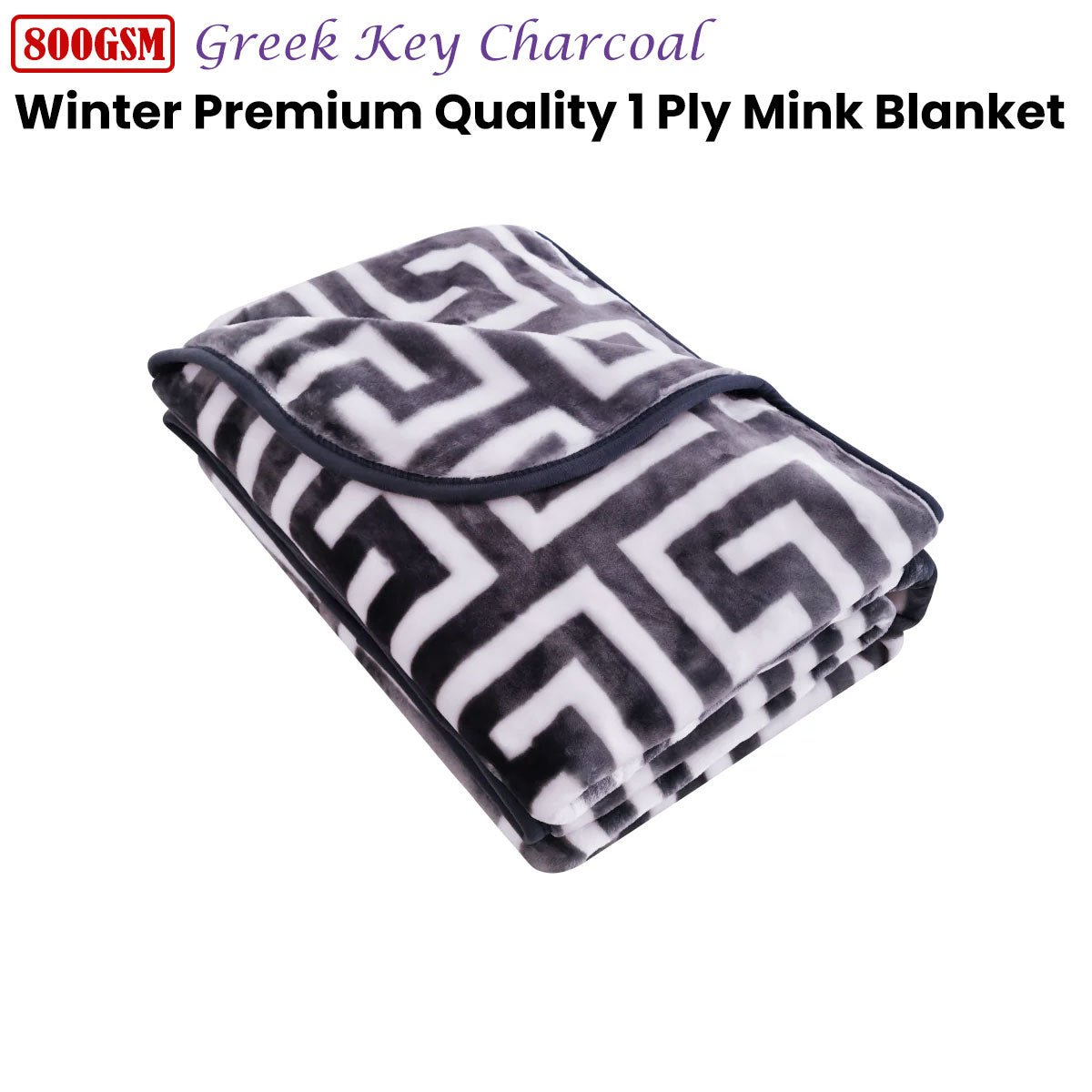Bloomington 800GSM Greek Key Charcoal Winter Premium Quality 1 Ply Mink Blanket King - NuSea