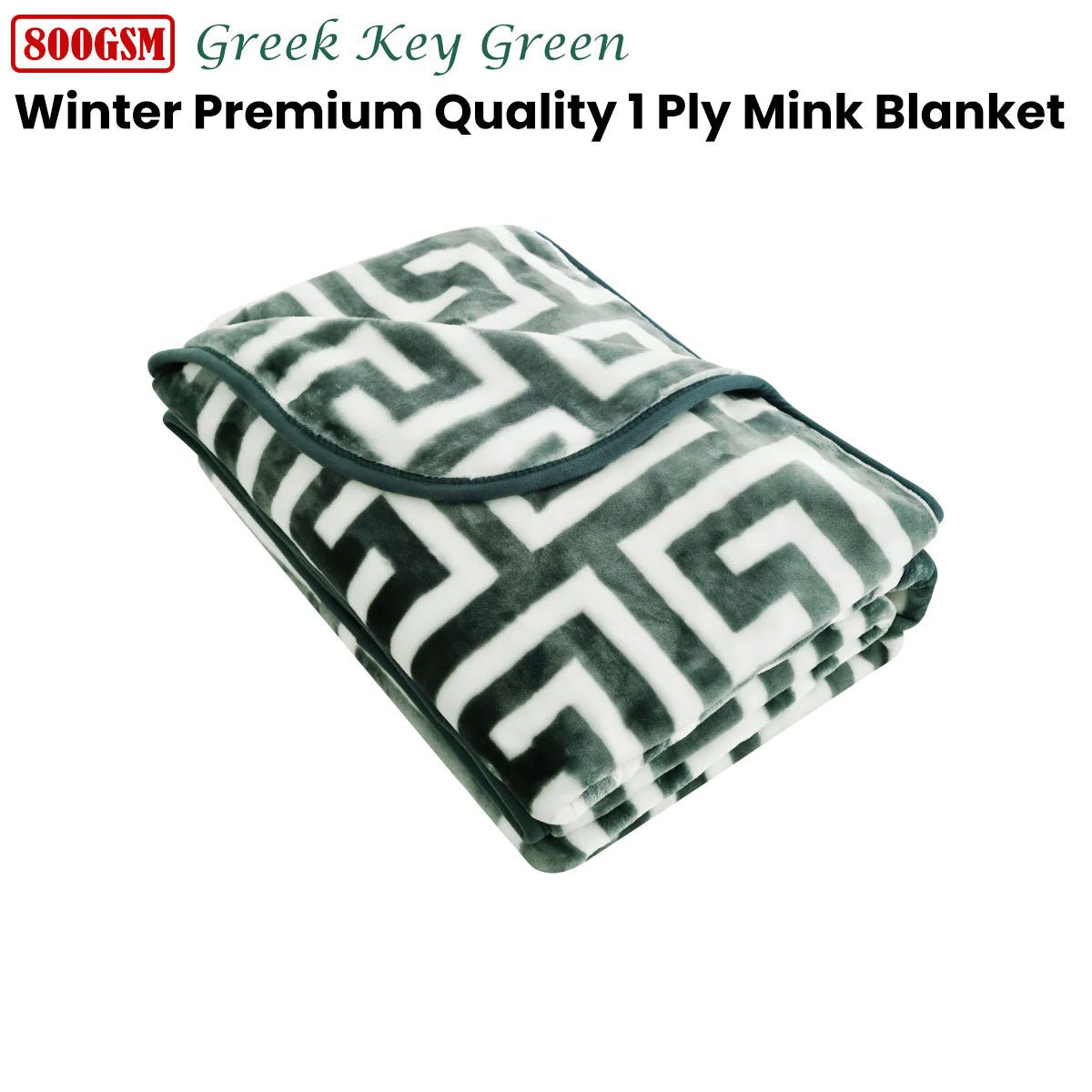 Bloomington 800GSM Greek Key Green Winter Premium Quality 1 Ply Mink Blanket Double - NuSea