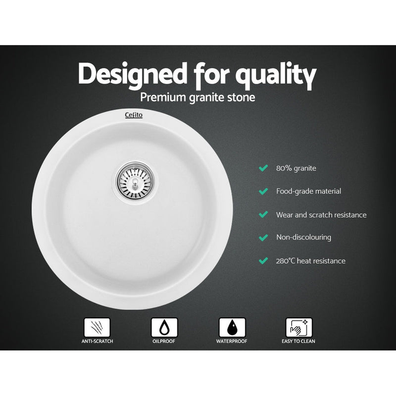 Cefito Stone Kitchen Sink Round 430MM Granite Under/Topmount Basin Bowl Laundry White - NuSea