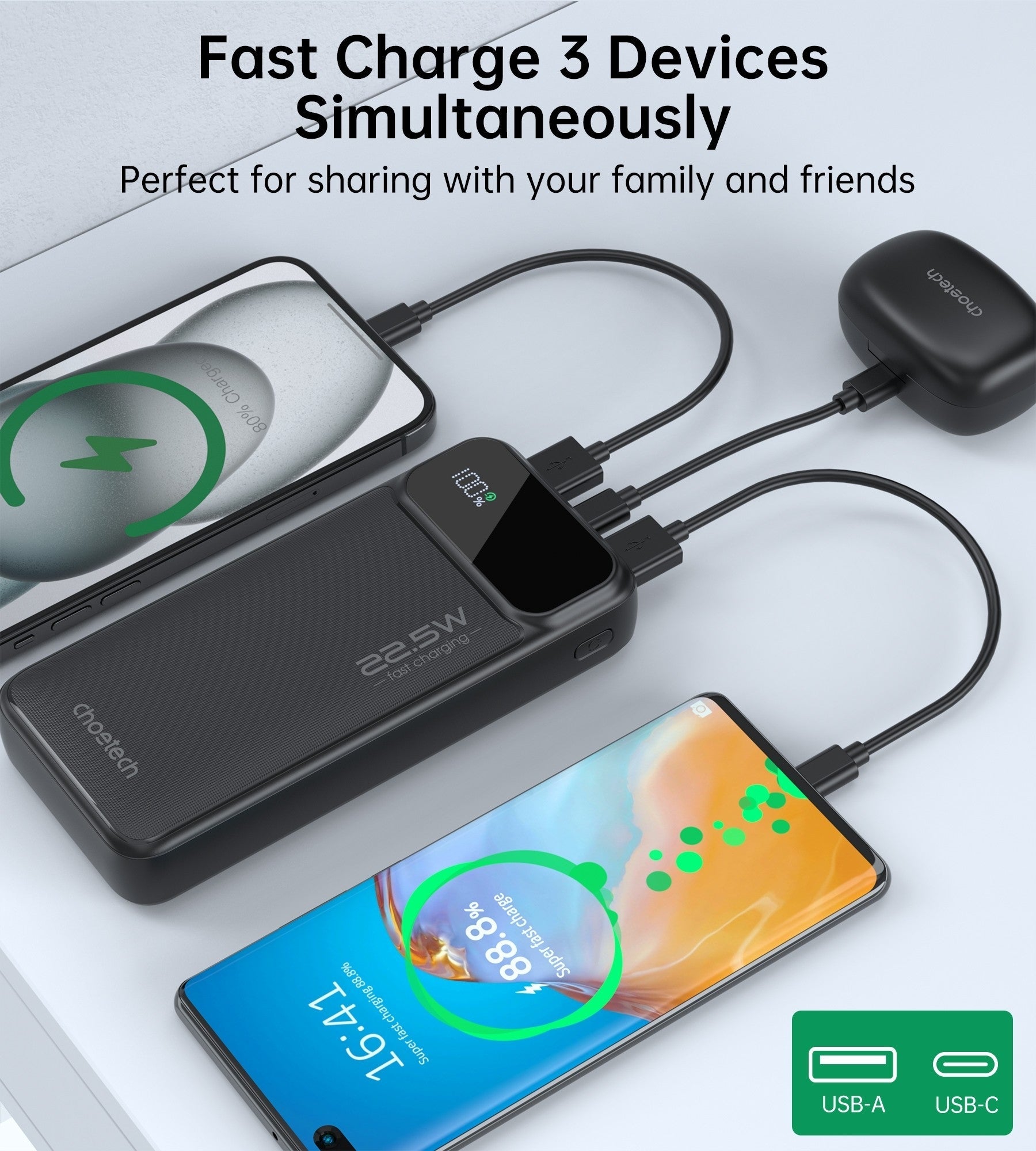 CHOETECH B729 20000mAh Power Bank PD22.5W with Digital Display - NuSea