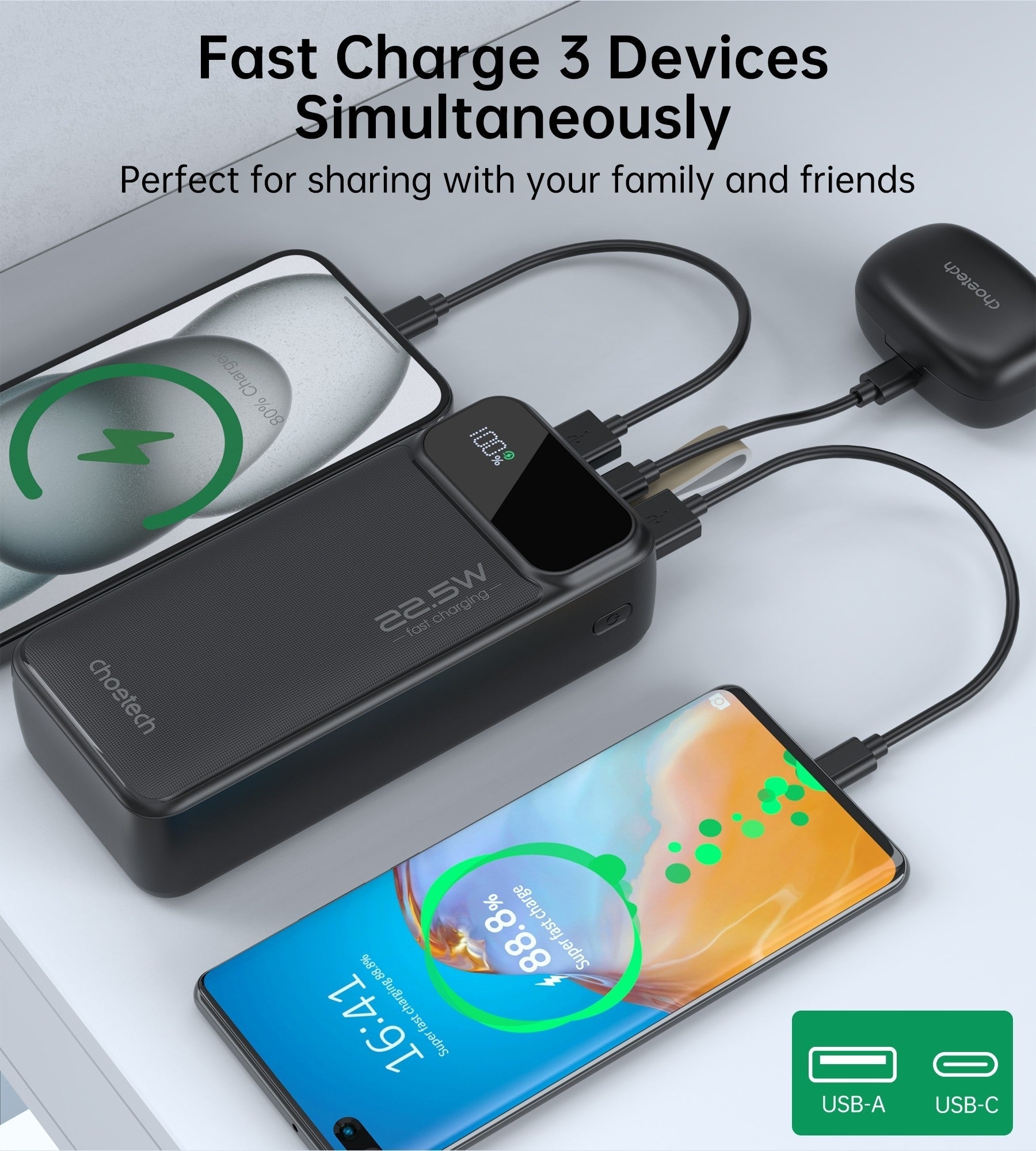 CHOETECH B731 40000mAh Power Bank PD22.5W with Digital Display - NuSea