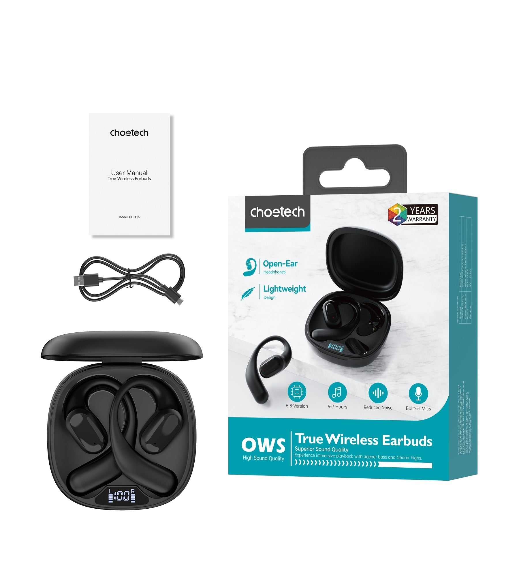 CHOETECH BH - T25 OWS Painless New Concept Bluetooth Earbuds V5.3 TWS Black - NuSea