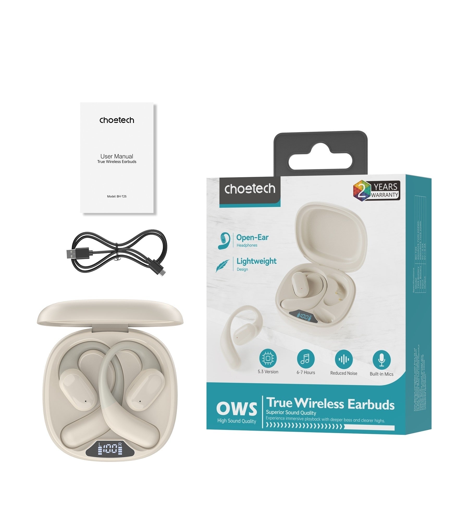 CHOETECH BH - T25 OWS Painless New Concept Bluetooth Earbuds V5.3 TWS White - NuSea