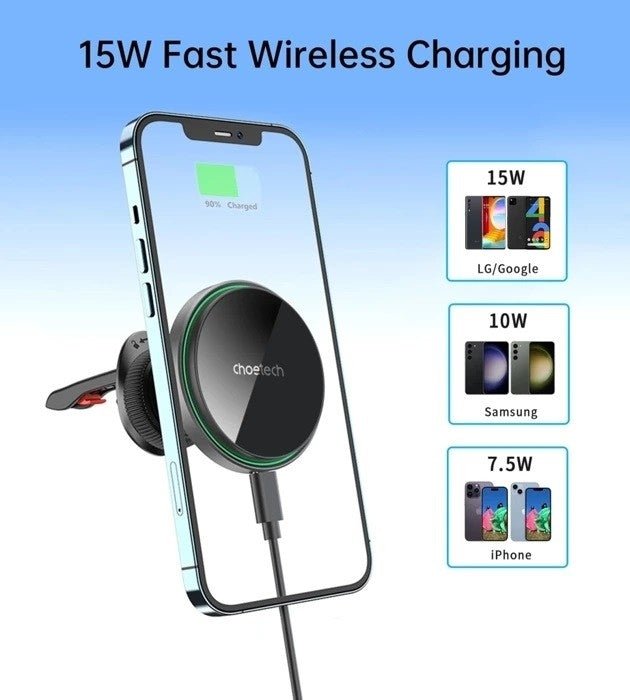 CHOETECH T204 - F 15W Magnetic Car Charger Holder with LED Light (Aluminium alloy housing) - NuSea