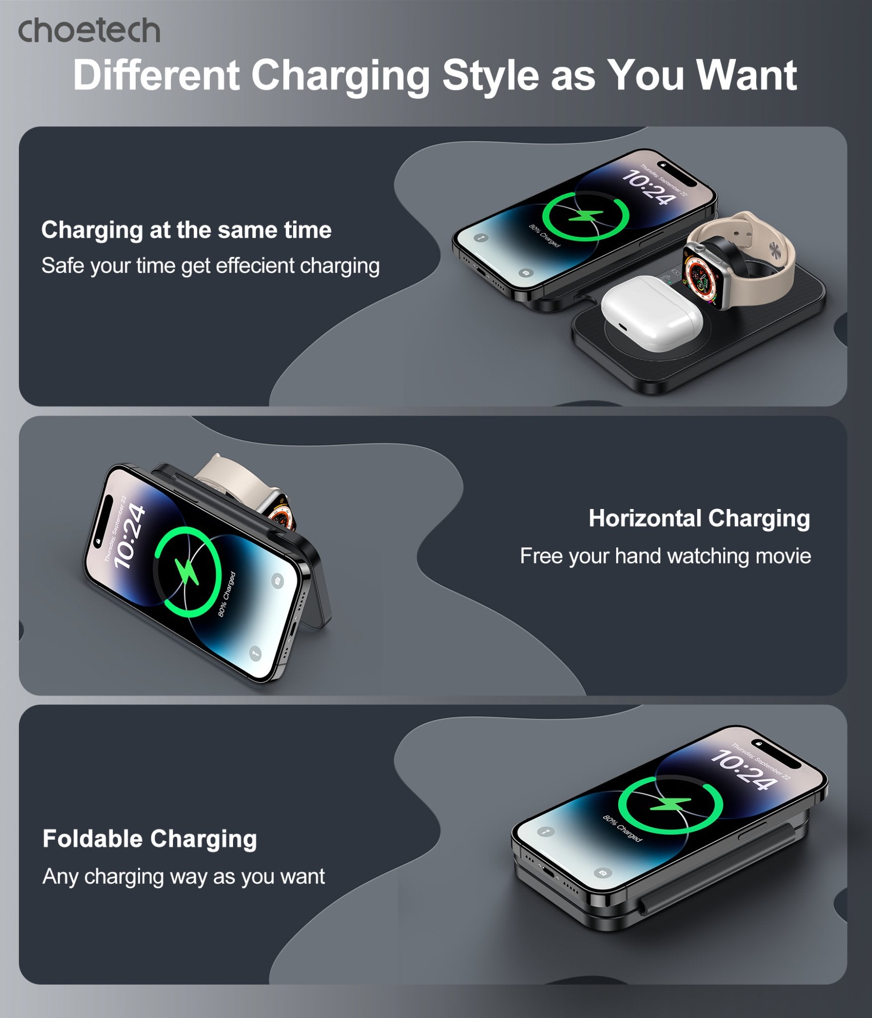 CHOETECH T616 - F - BK 3in1 Magnetic Foldable Wireless Charger Black - NuSea