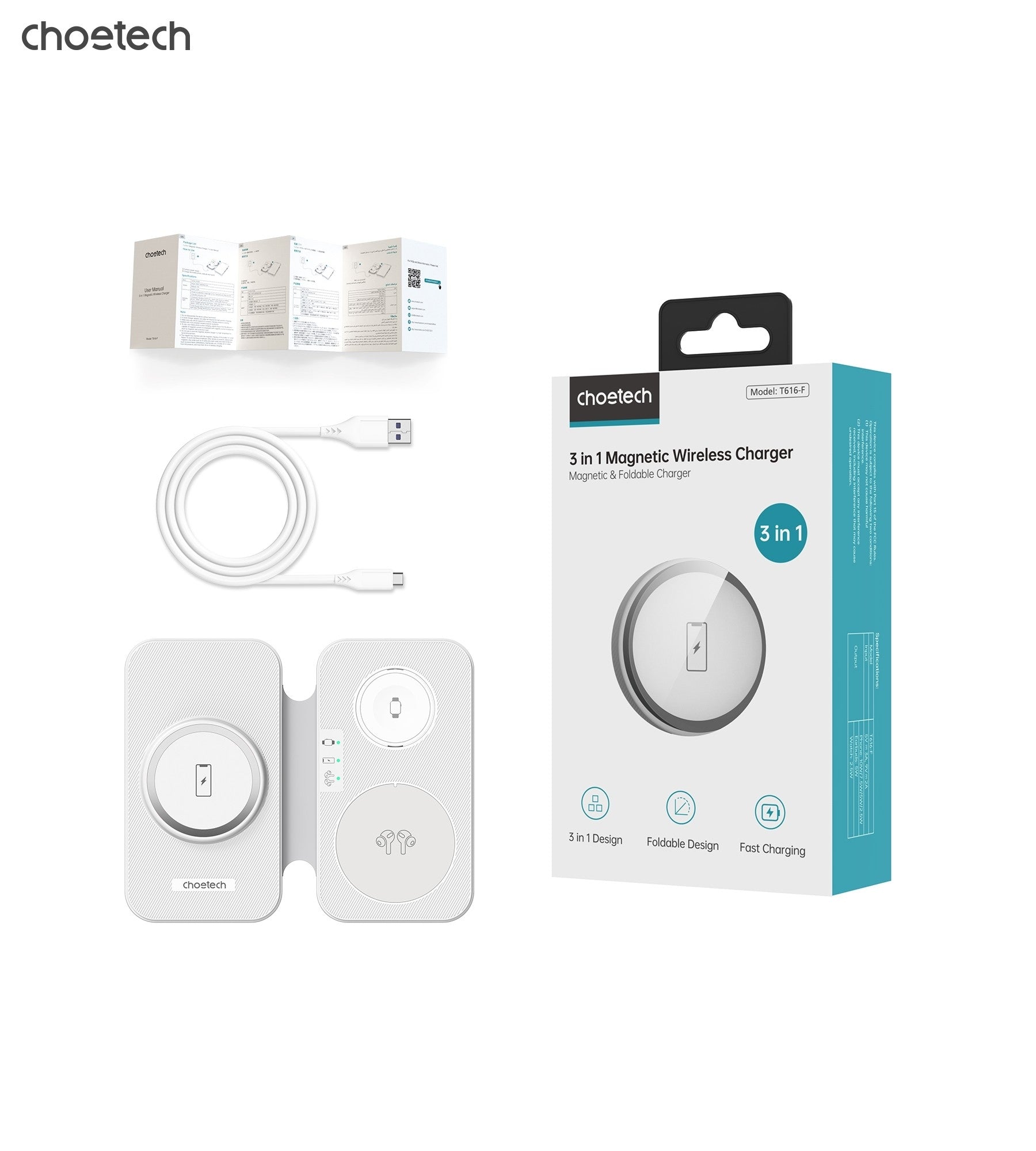 CHOETECH T616 - F - WH 3in1 Magnetic Foldable Wireless Charger White - NuSea
