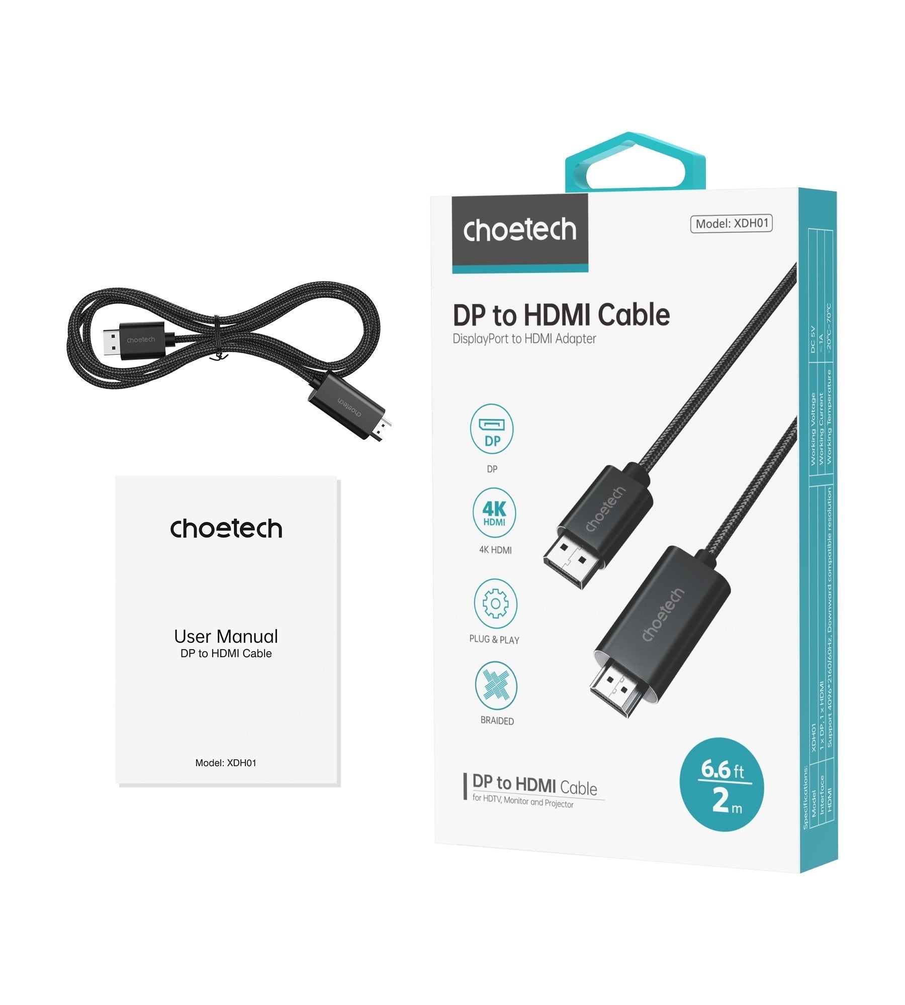 CHOETECH XDH01 4K 60Hz DisplayPort Male to HDMI Male Braided Cable 2M - NuSea