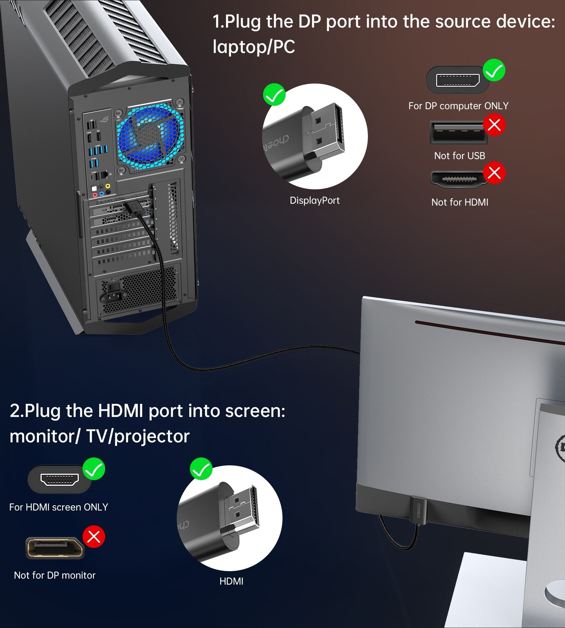 CHOETECH XDH01 4K 60Hz DisplayPort Male to HDMI Male Braided Cable 2M - NuSea
