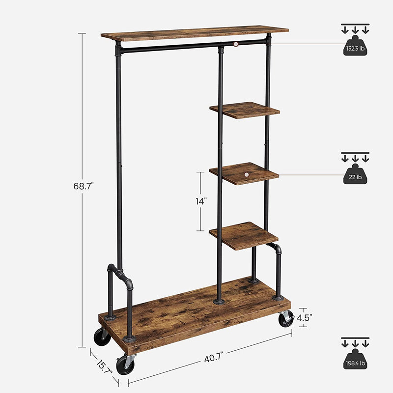 Clothing Garment Rack on Wheels with 5 - Tier, Industrial Pipe Style, Rustic Brown - NuSea