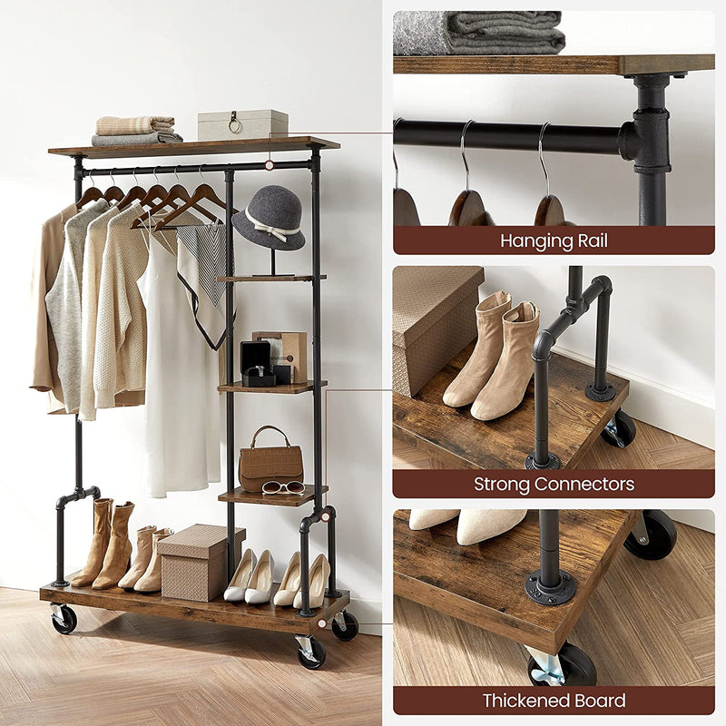 Clothing Garment Rack on Wheels with 5 - Tier, Industrial Pipe Style, Rustic Brown - NuSea