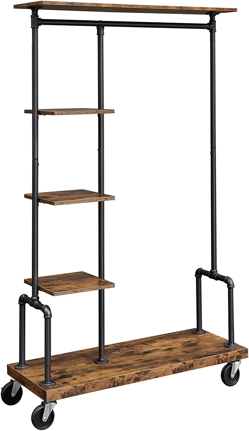 Clothing Garment Rack on Wheels with 5 - Tier, Industrial Pipe Style, Rustic Brown - NuSea
