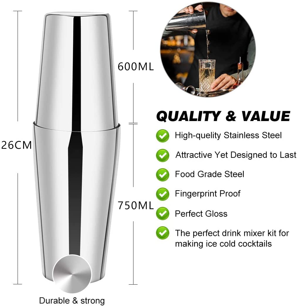 Cocktail Shaker Set Boston 23 - Piece Stainless Steel and Professional Bar Tools for Drink Mixing - NuSea