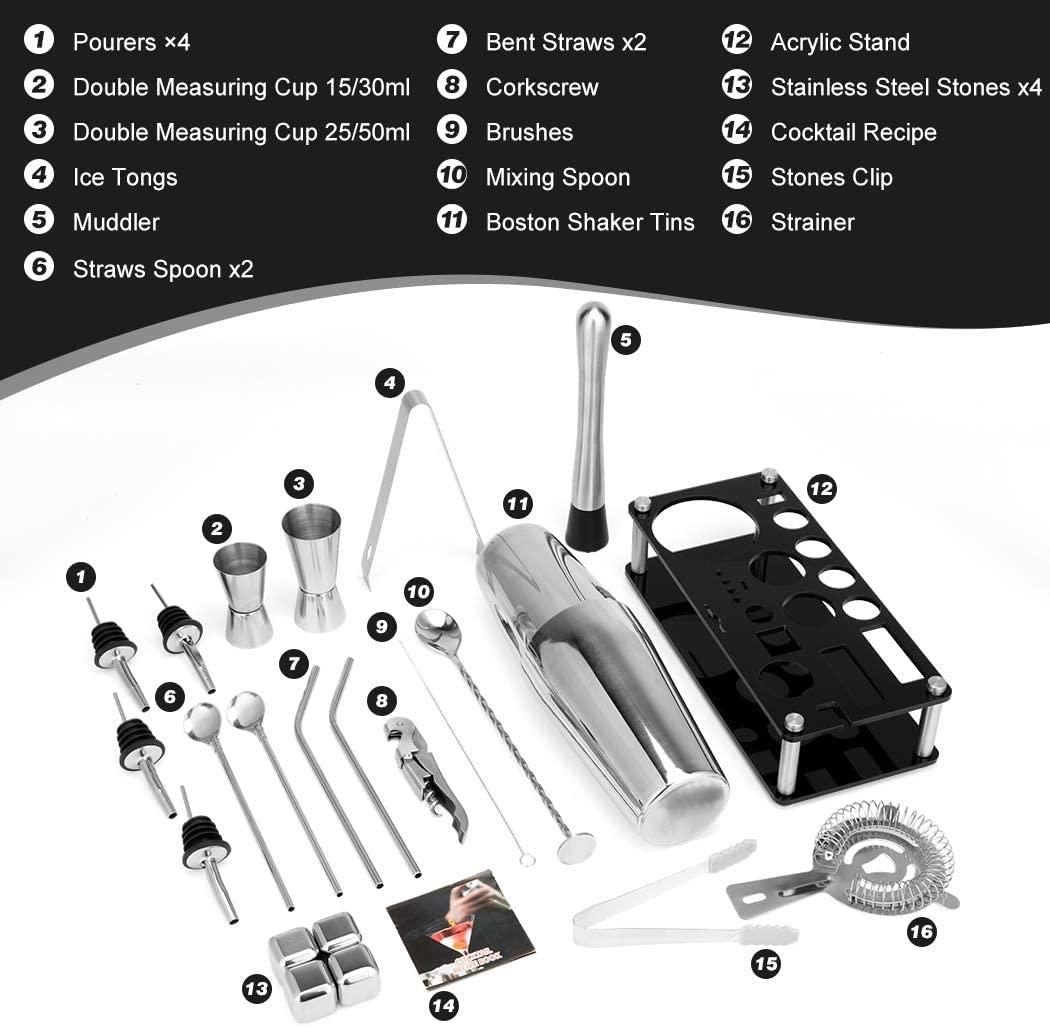 Cocktail Shaker Set Boston 23 - Piece Stainless Steel and Professional Bar Tools for Drink Mixing - NuSea