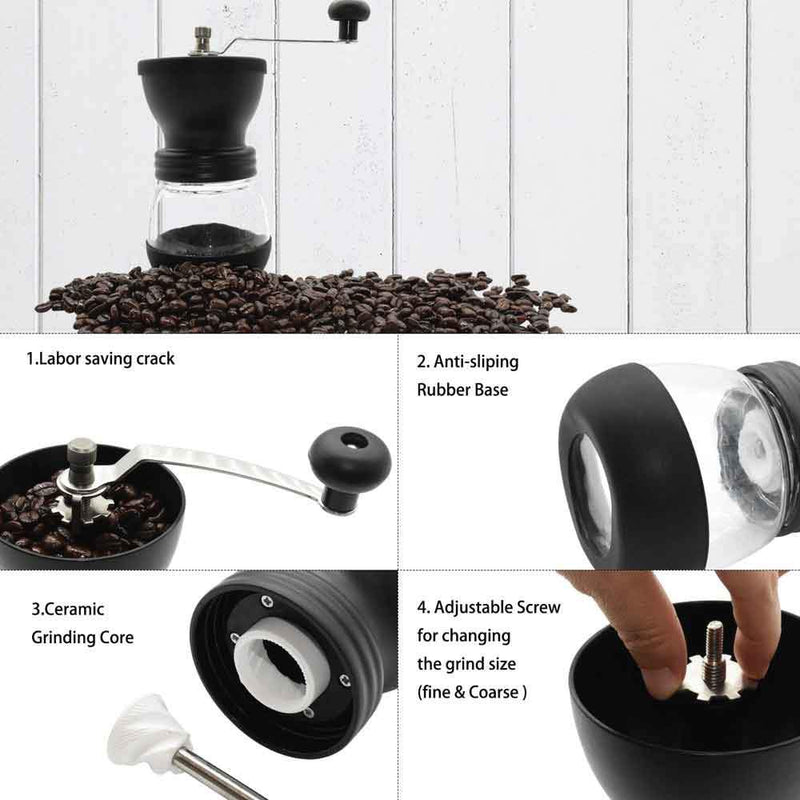 Coffee Bean Grinder - Manual Hand Stainless Ceramic Burr Core Glass Jar Nut Mill - NuSea
