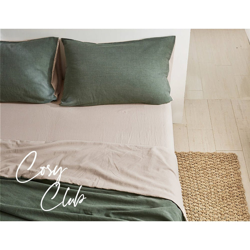 Cosy Club Cotton Bed Sheets Set Green Beige Cover Double - NuSea