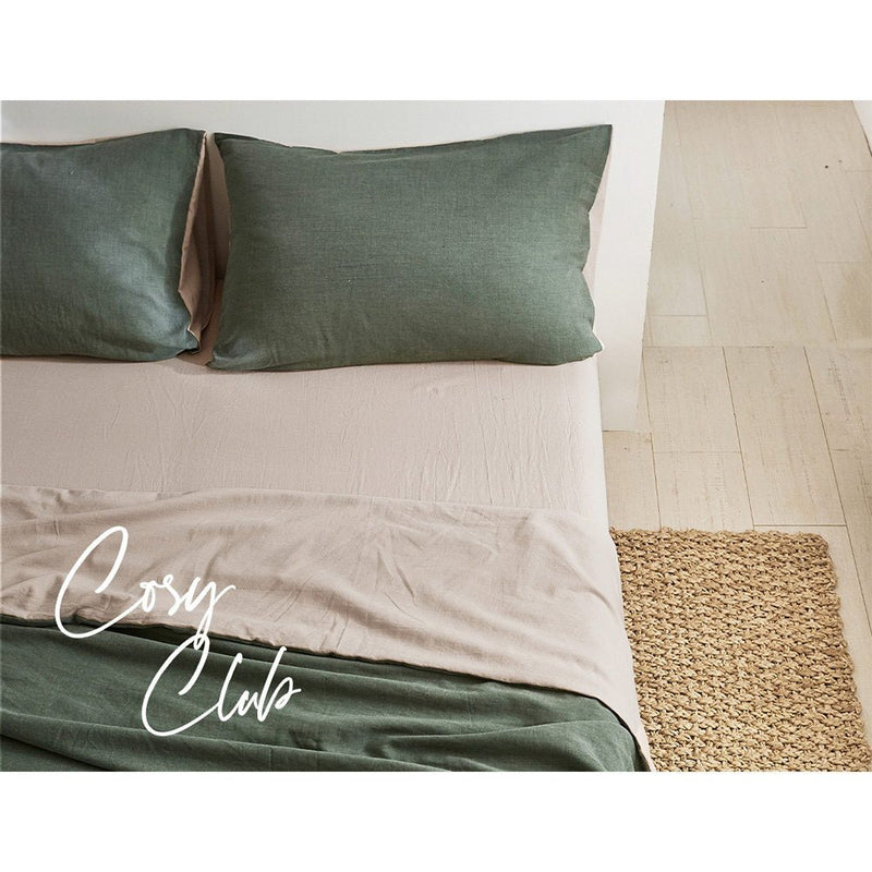 Cosy Club Cotton Bed Sheets Set Green Beige Cover Single - NuSea