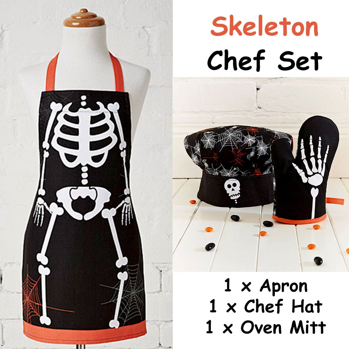 Cubby House Kids Set of 3 Skeleton Halloween Children Kids Kitchen Chef Set - NuSea