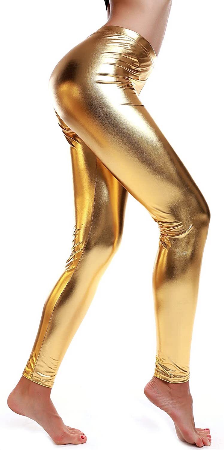 DELUXE METALLIC LEGGINGS Shiny Neon Stretch Dance Costume Fancy Dress Party - Gold/Yellow - NuSea