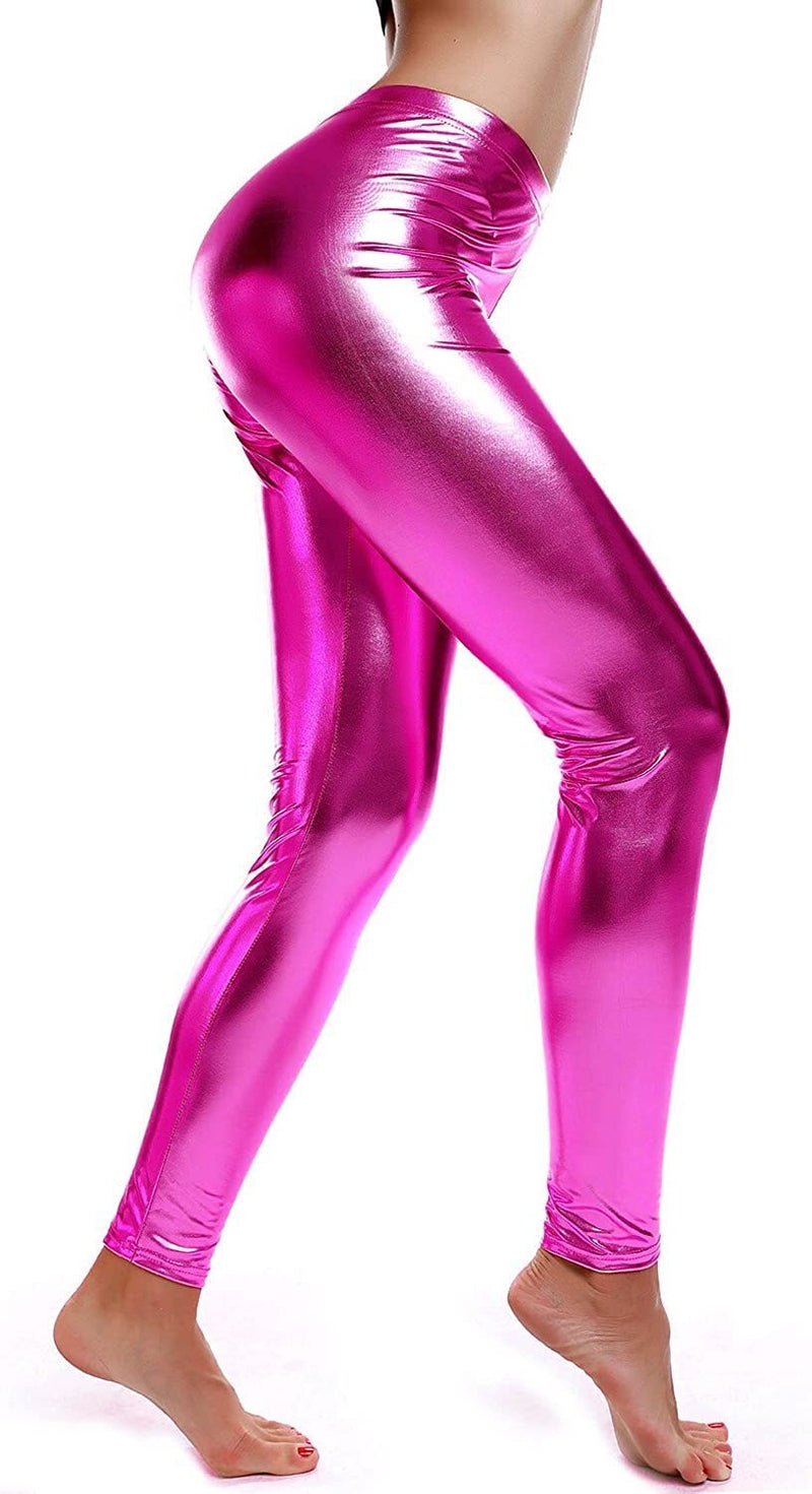 DELUXE METALLIC LEGGINGS Shiny Neon Stretch Dance Costume Fancy Dress Party - Hot Pink - NuSea