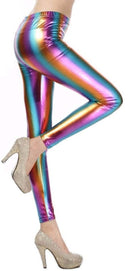 DELUXE METALLIC LEGGINGS Shiny Neon Stretch Dance Costume Fancy Dress Party - Rainbow - NuSea