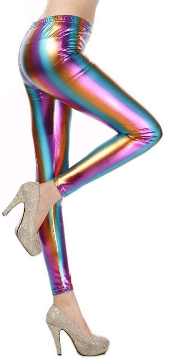 DELUXE METALLIC LEGGINGS Shiny Neon Stretch Dance Costume Fancy Dress Party - Rainbow - NuSea