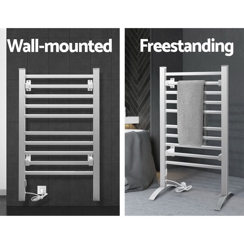 Devanti Electric Heated Towel Rail Rack 10 Bars Freestanding Clothes Dry Warmer - NuSea