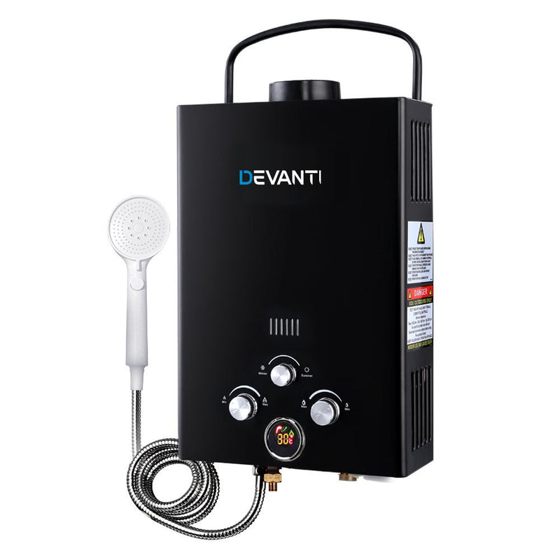 Devanti Portable Gas Water Heater 8L/Min LPG System Black - NuSea