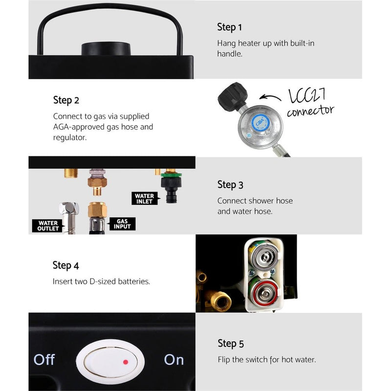 Devanti Portable Gas Water Heater 8L/Min With Pump LPG System Black - NuSea