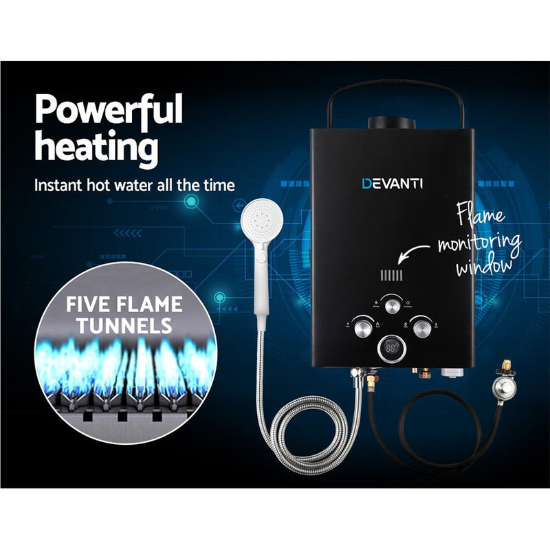 Devanti Portable Gas Water Heater 8L/Min With Pump LPG System Black - NuSea