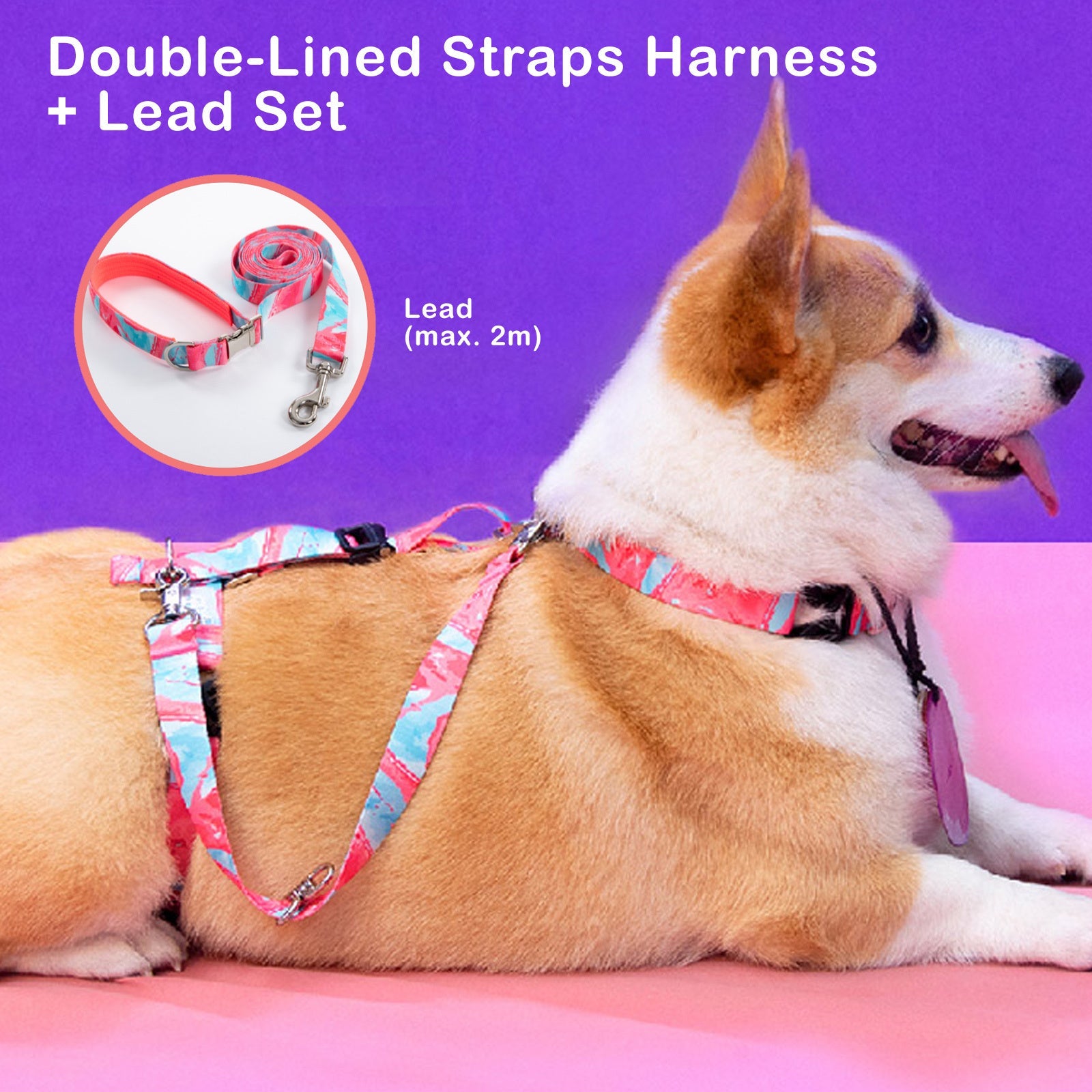 Dog Double - Lined Straps Harness and Lead Set Leash Adjustable L MARBLE PINK - NuSea
