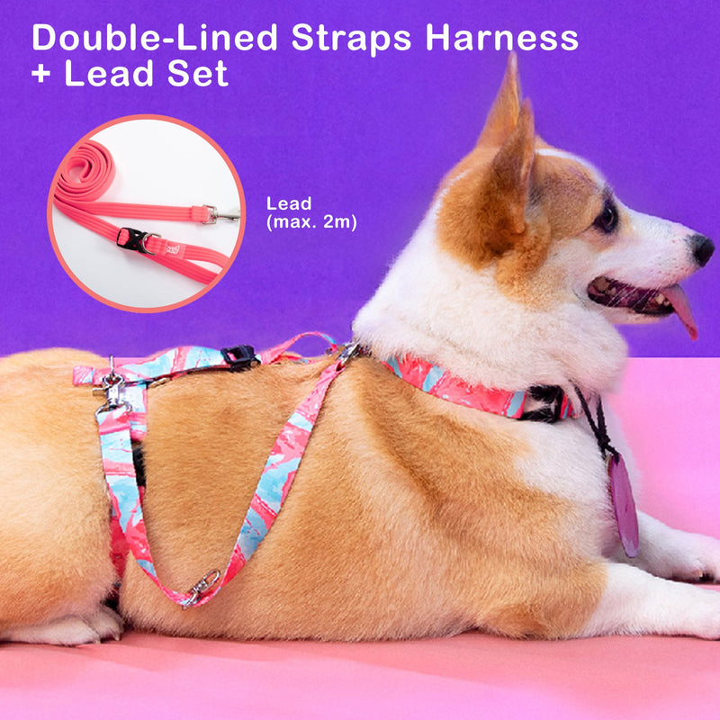 Dog Double - Lined Straps Harness and Lead Set Leash Adjustable M NEON CAROL - PINK - NuSea