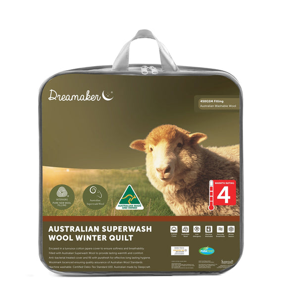 Dreamaker Australian Superwash Wool Winter Weight Quilt 450Gsm King Bed - NuSea
