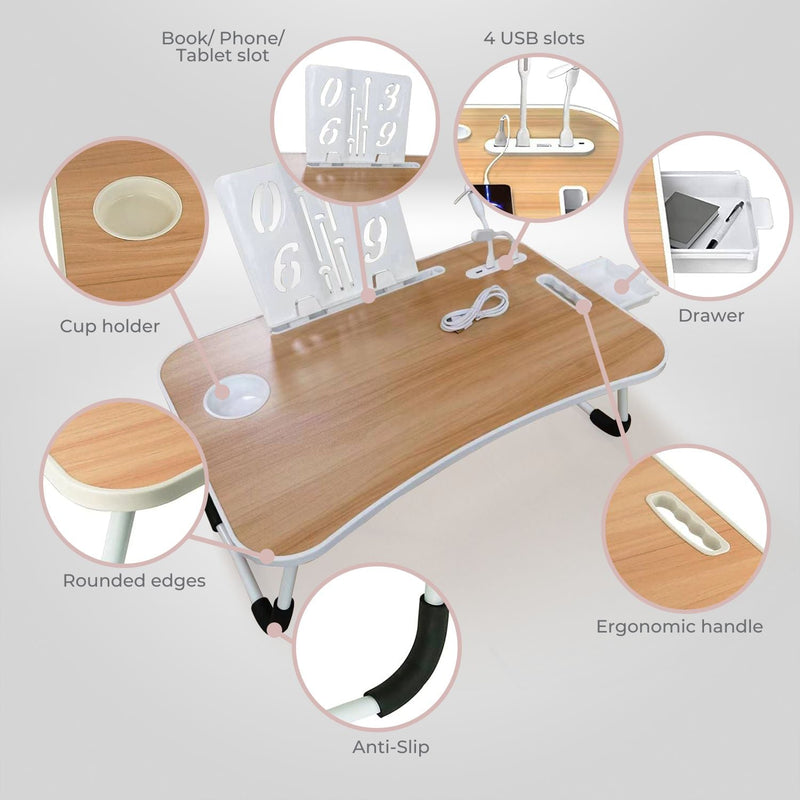 EKKIO Multifunctional Portable Bed Tray Laptop Desk with USB Charge Port (burlywood) - NuSea