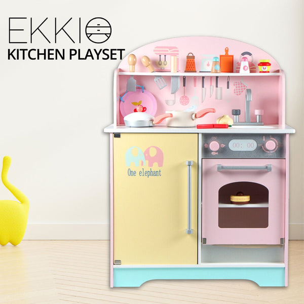 EKKIO Wooden Kitchen Playset for Kids (Japanese Style Kitchen Set, Pink) - NuSea
