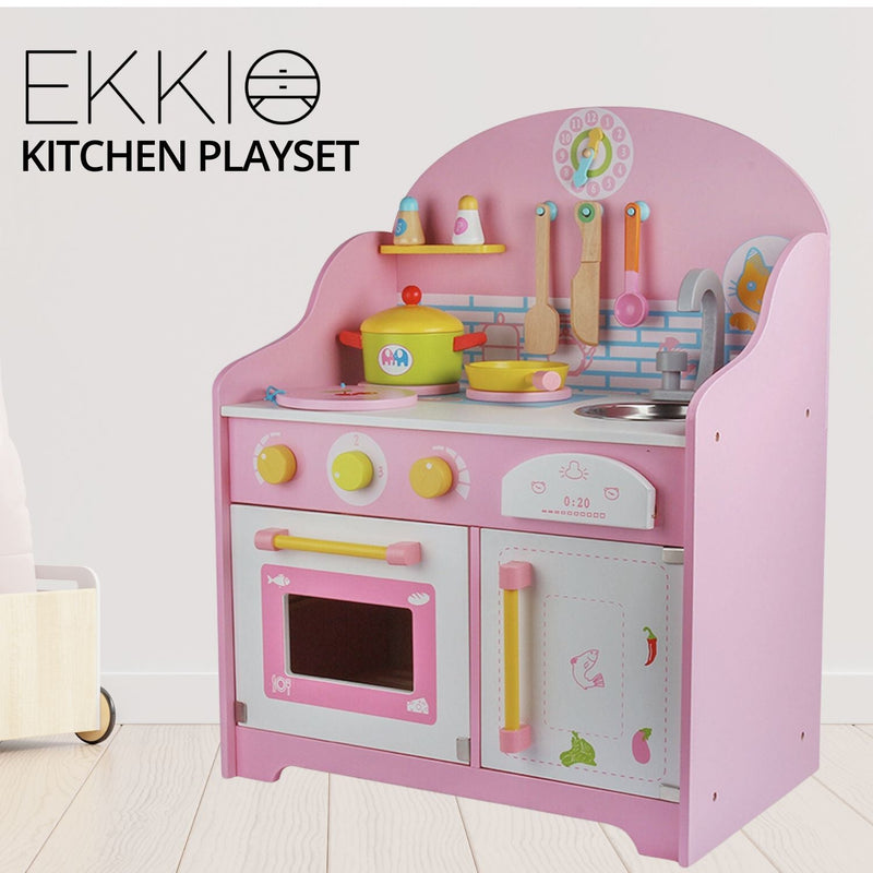 EKKIO Wooden Kitchen Playset for Kids with Clock (Japanese Style Kitchen Set, Pink) - NuSea