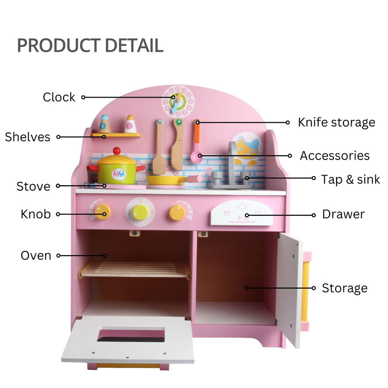 EKKIO Wooden Kitchen Playset for Kids with Clock (Japanese Style Kitchen Set, Pink) - NuSea